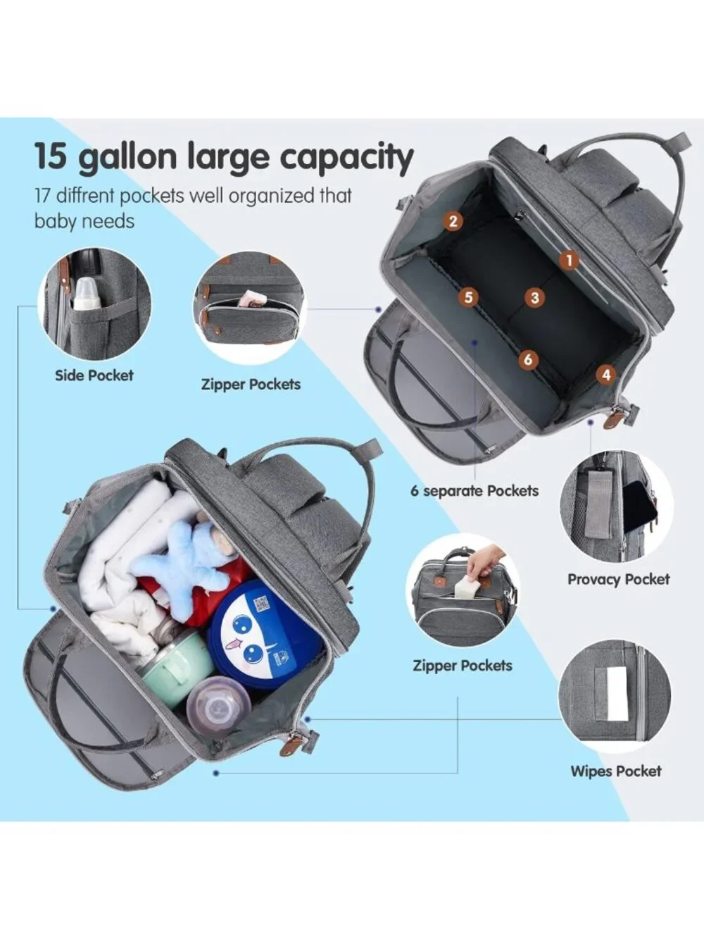 Large Capacity Waterproof Diaper Bag Backpack with Changing Pad & USB Port